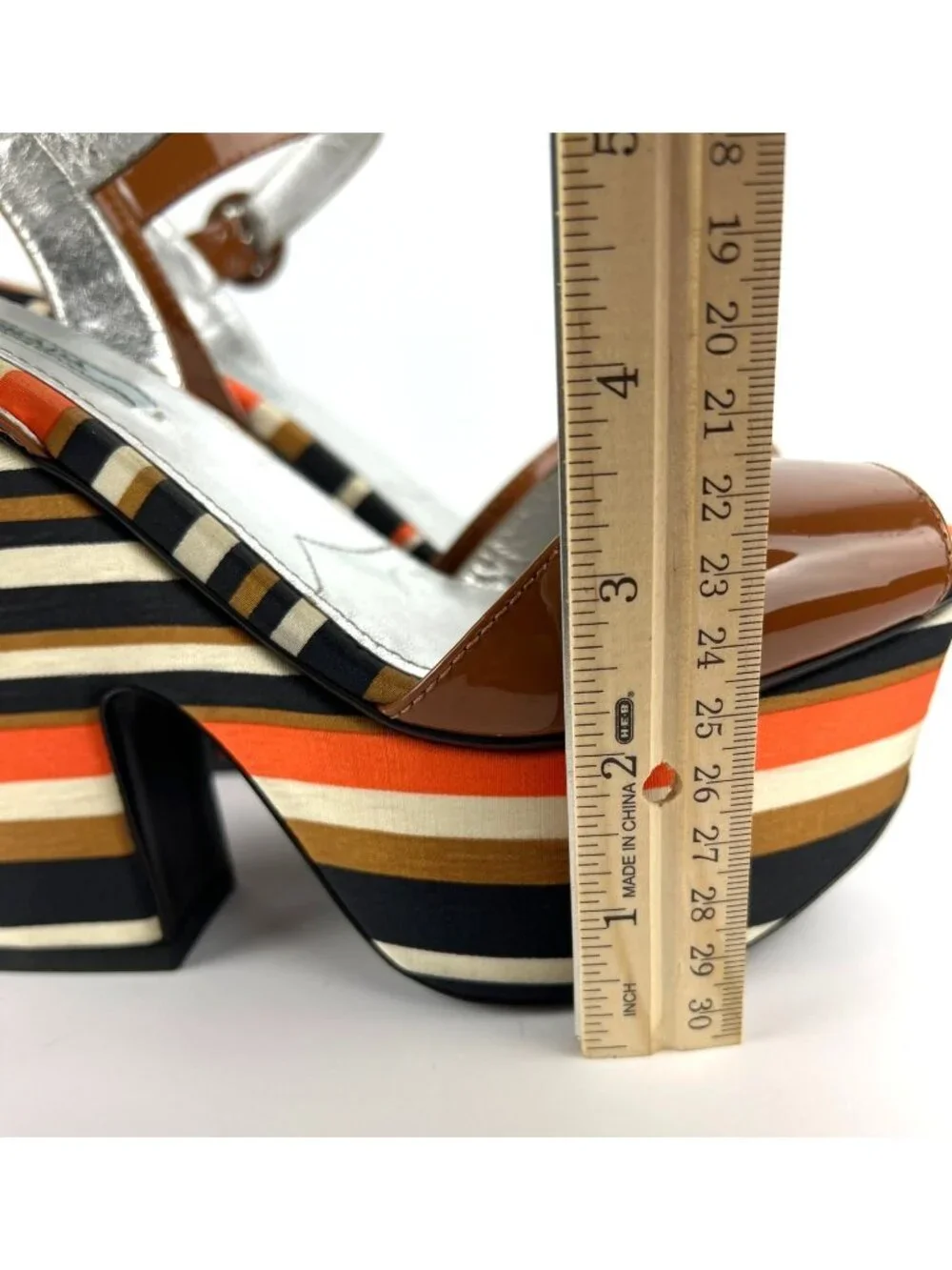 Prada Brown Patent Leather Peep-Toe Platform Heels With Striped Fabric Size 8.5
